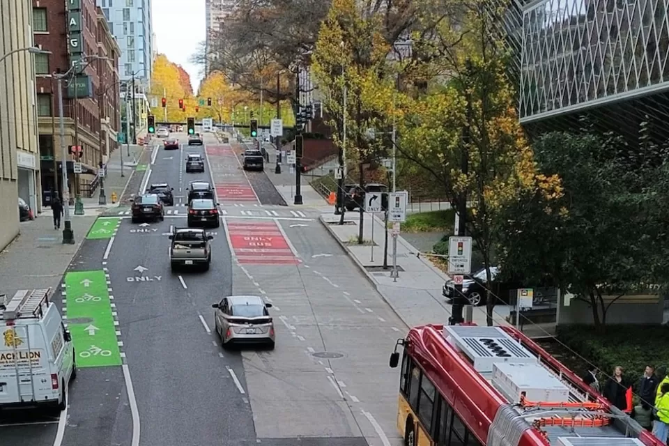 View of Madison St dedicated bus lane in Seattle, Washington.